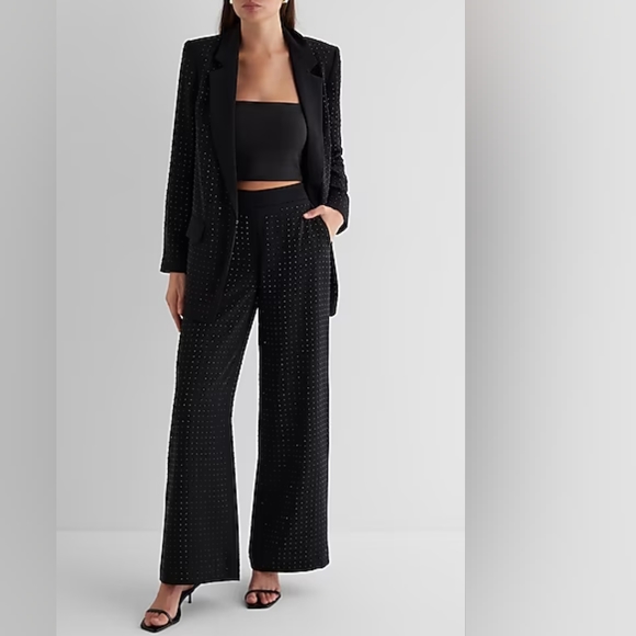 EXPRESS: Rhinestone Studded High Waisted Wide Leg Trousers - Picture 5 of 8
